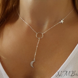 Delicate Moon And Star Necklace, Y Drop Circle Necklace, Sterling Silver Celestial Jewelry, Make A Wish Necklace, Valentine Gift For Her