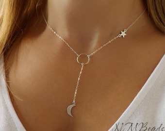 Delicate Moon And Star Necklace, Y Drop Circle Necklace, Sterling Silver Celestial Jewelry, Make A Wish Necklace, Valentine Gift For Her