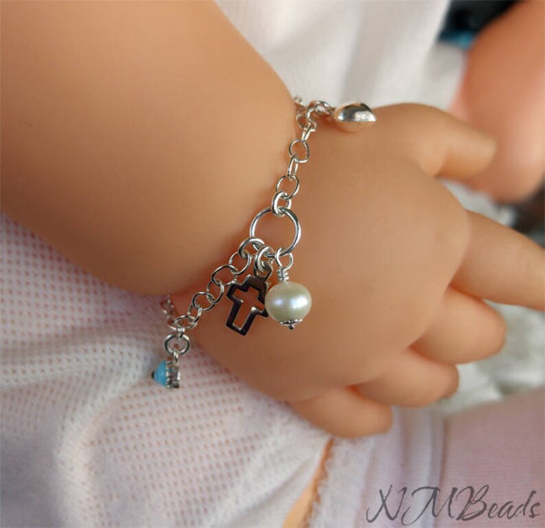 Kids Cross Charm Bracelet, Christening Baptism Gift For Boys Girls, Sterling Silver Charm Bracelet, Baby Protection Jewelry, Gift For Child image 2