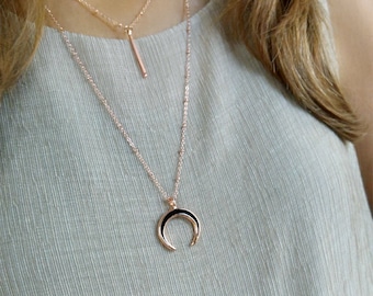 Rose Gold Moon Necklace With Satellite Chain, Upside Down Half Moon Necklace, Rose Gold Double Horn Necklace, Luna Celestial Jewelry