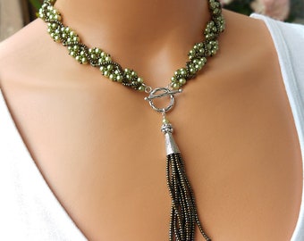 Green Pearl Y Drop Collar, Beaded Tassel Necklace, Sterling Silver Pearl Necklace, Statement Necklace, OOAK Beadwork Jewelry, Gift For Her