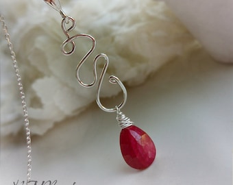 Ruby Necklace, Ruby Squiggle Pendant, Sterling Silver Wire Wrap Jewelry, OOAK Gemstone Jewelry, July Birthstone, Birthday Gift, Gift For Mom