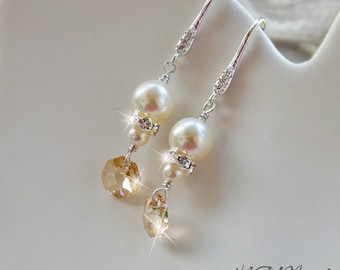 Swarovski Pearl And Crystals Dangle Earrings, Sterling Silver Wedding Earrings, Golden Shadow Crystal Bridal Jewelry, Jewelry For Brides