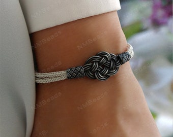 Celtic Double Love Knot Bangle Bracelet Oxidized Fine Silver Nautical Hand Braided Woven Chain OOAK Timeless Jewelry Forever Gift For Mom