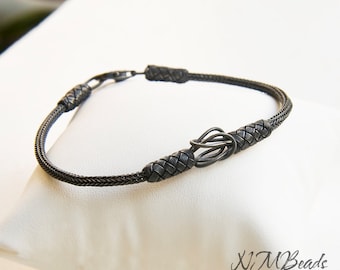 Mens Viking Knit Chain Bracelet, Oxidized Fine Silver Braided Bracelet, Knot Bracelet, OOAK Hand Woven Jewelry, Boyfriend Gift For Him