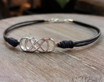 Mens Double Infinity Knot Bracelet, Sterling Silver Celtic Knot Bracelet, Black Leather Bracelet, Unisex Jewelry, Gift For Men, BFF Gift