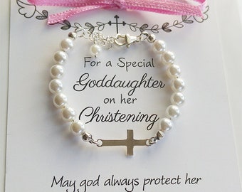 Christening Gift For Baby Girls Boys Infant Baptism Keepsake Pearl Bracelet With Cross Sterling Silver Newborn Religious Jewelry For Kids