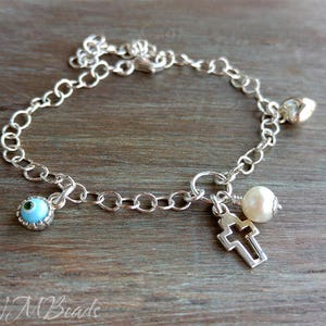 Kids Cross Charm Bracelet, Christening Baptism Gift For Boys Girls, Sterling Silver Charm Bracelet, Baby Protection Jewelry, Gift For Child image 1