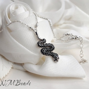 Black Snake Pendant Necklace, Sterling Silver CZ Serpent Necklace, Gothic Jewelry, Snake Jewelry, Celebrity Jewelry, Meaningful Gift For Her