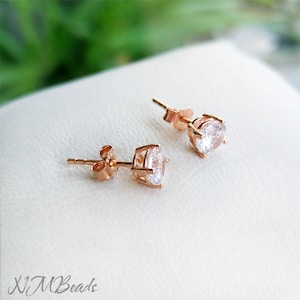Round CZ Stud Earrings, Rose Gold Sterling Silver Prong Setting Studs, Minimalist Delicate Bright Wedding Jewelry, Anniversary Gift For Her