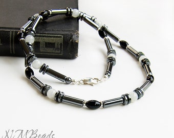 Herren Hämatit Choker, Sterling Silber Edelstein Perlen Männer Halskette, Mondstein Onyx Energie Chakra Halskette, Geschenk für Freund, Geschenk für ihn