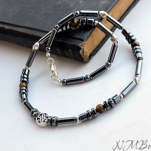 Mens Hematite Beaded Necklace With Celtic Knot, Sterling Silver Chakra Gemstone Choker Necklace, OOAK Jewelry, Boyfriend Husband Gift