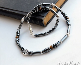 Mens Hematite Beaded Necklace With Celtic Knot, Sterling Silver Chakra Gemstone Choker Necklace, OOAK Jewelry, Boyfriend Husband Gift