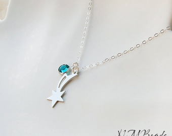 Personalized Shooting Star Necklace With Swarovski Birthstone, Silver Comet Charm Necklace, Celestial Jewelry, Birthday Valentine's Day Gift