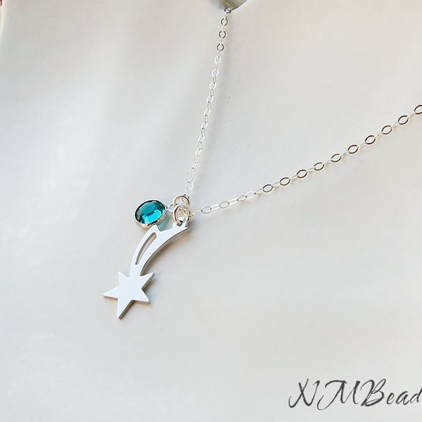 Personalized Shooting Star Necklace With Swarovski Birthstone, Silver Comet Charm Necklace, Celestial Jewelry, Birthday Valentine's Day Gift