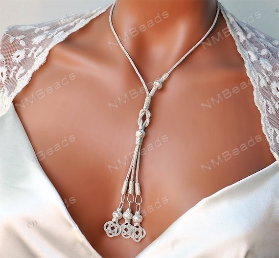Love Knot Y Necklace, Long Tassel Necklace, Hand Woven Fine Silver Chain Jewelry, Statement OOAK Wedding Jewelry, Anniversary Gift For Her