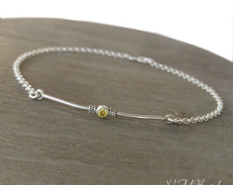 Silver Thin Bar Bracelet With Yellow Cz Stone, Skinny Bar Bracelet, November Birthstone Jewelry, Stick Bracelet, Birthday Gift For Her