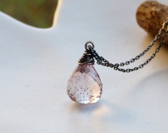 Amethyst Necklace, Light Amethyst Pendant With Black Chain, Wire Wrapped Amethyst Teardrop, Gemstone Jewelry, June Birthstone, Unique Gift