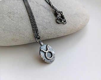 Mens Taurus Necklace, Oxidized Silver Taurus Sign Pendant, OOAK Rustic Horoscope Jewelry, Zodiac Astrology Jewelry, Birthday Gift For Him