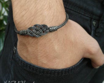 Mens Celtic Double Love Knot Bracelet Oxidized Fine Silver Hand Braided Woven Chain OOAK Jewelry Nautical Viking Knit Chain Gift For Him