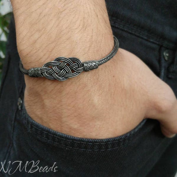 Bracelet celtique double noeud d'amour pour homme en argent fin oxydé tressé à la main chaîne tissée OOAK bijoux chaîne en tricot Viking nautique cadeau pour lui
