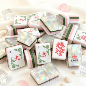 Rosa-grünes, mehrschichtiges Mahjong-Spiel mit 160 Spielsteinen, Geschenk für Mahjong-Spieler und Spieleabende, perlweißes amerikanisches Mahjong-Set, Acryl-Spielsteine in Opal-Muschel-Optik
