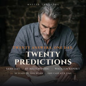 May include: A gray button-down shirt worn by a person writing in a book. Text reads: MASTER THEODORE, TWENTY ANSWERS. ONE DAY. TWENTY PREDICTIONS, SAME DAY, BY MALE PSYCHIC, WRITTEN REPORT, 30 YEARS OF THIS WORK, ONE CASE AT A TIME.