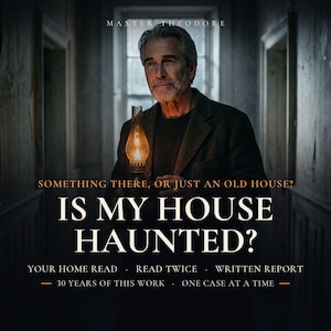 Puede incluir: Una persona madura con cabello gris y barba sostiene una lámpara de aceite encendida en un pasillo oscuro. El texto dice: MASTER THEODORE, SOMETHING THERE, OR JUST AN OLD HOUSE? IS MY HOUSE HAUNTED? YOUR HOME READ, READ TWICE, WRITTEN REPORT, 30 YEARS.