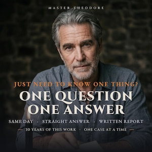 May include: A portrait of a gray-haired person wearing a gray button-down shirt. Text reads: MASTER THEODORE, JUST NEED TO KNOW ONE THING? ONE QUESTION ONE ANSWER, SAME DAY, STRAIGHT ANSWER, WRITTEN REPORT, 30 YEARS OF THIS WORK, ONE CASE AT A TIME.