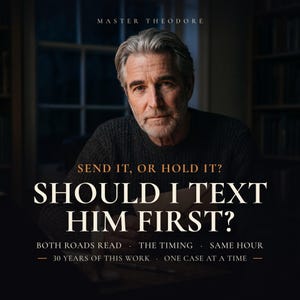 May include: A middle-aged person with gray hair wearing a dark sweater. Text reads: MASTER THEODORE, SEND IT, OR HOLD IT? SHOULD I TEXT HIM FIRST? BOTH ROADS READ, THE TIMING, SAME HOUR, 30 YEARS OF THIS WORK, ONE CASE AT A TIME.