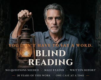 May include: A gray-haired individual in a blue shirt holds a lit metal lantern. Text reads: MASTER THEODORE, YOU DON'T HAVE TO SAY A WORD. BLIND READING, NO QUESTIONS NEEDED, MALE READER, WRITTEN REPORT, 30 YEARS OF THIS WORK, ONE CASE AT A TIME.