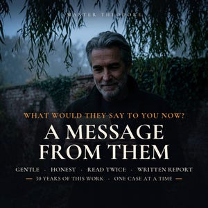 Könnte beinhalten: Eine Person mittleren Alters mit grauem Haar und Bart, bekleidet mit einem dunklen Mantel. Der Text lautet: MASTER THEODORE, WHAT WOULD THEY SAY TO YOU NOW? A MESSAGE FROM THEM, GENTLE, HONEST, READ TWICE, WRITTEN REPORT, 30 YEARS OF THIS WORK, ONE CASE AT A TIME.