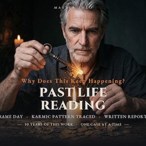 May include: A person with gray hair and a beard holds a glowing, heated metal key above a lit candle. Text reads: MASTER THEO, Why Does This Keep Happening? PAST LIFE READING, SAME DAY, KARMIC PATTERN TRACED, WRITTEN REPORT, 30 YEARS OF THIS WORK, ONE CASE AT A TIME.