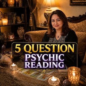 May include: A person with shoulder-length brown hair wearing a black top with white embroidery, sitting behind a table with tarot cards and lit candles. The text 5 QUESTION PSYCHIC READING is overlaid in gold and purple lettering on the image.