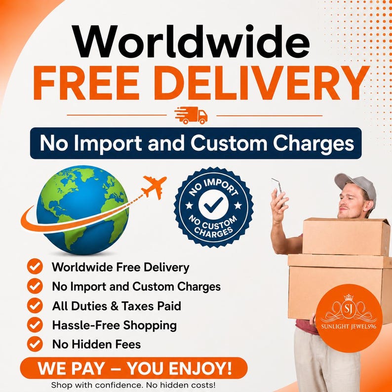 May include: A promotional graphic featuring the text Worldwide FREE DELIVERY, No Import and Custom Charges, and WE PAY &ndash; YOU ENJOY! It includes an illustration of a globe with an airplane, a blue seal with a checkmark, and a person holding cardboard boxes.