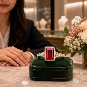Peut inclure: Une bague en or ornée d'une grande pierre précieuse rectangulaire rouge profond sertie dans un cadre perlé, flanquée de petits diamants blancs sur l'anneau. La bague est présentée sur un écrin en velours vert foncé, contrastant avec l'or.
