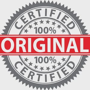 May include: A circular gray seal with a serrated edge featuring the text CERTIFIED and 100% in gray. A horizontal red banner crosses the center with the word ORIGINAL in white capital letters. The design includes small stars around the inner circle.