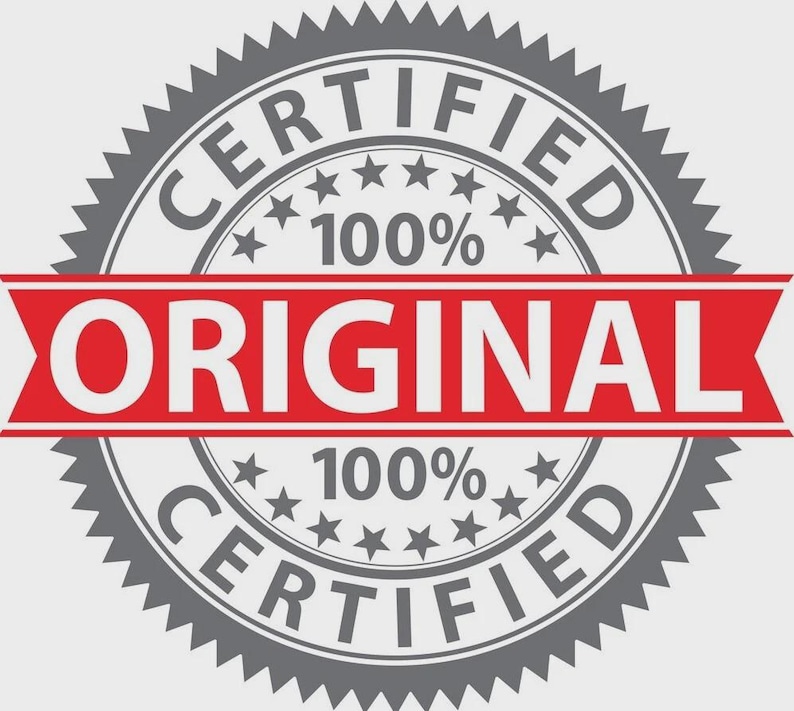 May include: A circular gray seal with a serrated edge featuring the text CERTIFIED and 100% in gray. A horizontal red banner crosses the center with the word ORIGINAL in white capital letters. The design includes small stars around the inner circle.