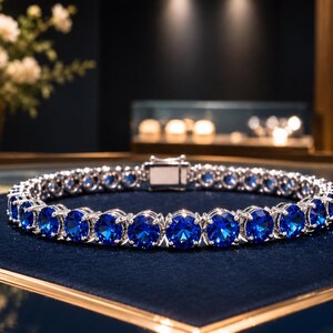 Round Cut Sapphire Diamond Wedding & Anniversary Gift Bracelet 18K White Gold VVS1 (Import Free)