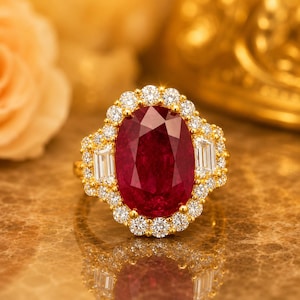 Op de afbeelding: Een gouden ring met een grote, ovaal geslepen dieprode edelsteen in het midden, omringd door een halo van kleine ronde witte diamanten en twee witte diamanten in baguette-slijpvorm aan de zijkanten, gezet in een gepolijste geelgouden band.
