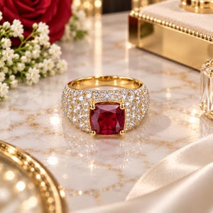 Puede incluir: Un anillo de oro con una gran piedra preciosa de color rojo intenso en talla cojín en el centro, rodeado por una banda ancha incrustada con numerosas piedras blancas pequeñas, claras y brillantes engastadas en estilo pavé.