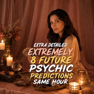 May include: A person with long dark hair wearing a beige robe, holding a fan of tarot cards. The image features text that reads: EXTRA DETAILED EXTREMELY 8 FUTURE PSYCHIC PREDICTIONS SAME HOUR. The scene includes lit candles and a crystal ball.