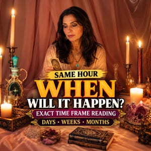 May include: A tarot card reading service advertisement featuring text that reads SAME HOUR WHEN WILL IT HAPPEN? EXACT TIME FRAME READING DAYS WEEKS MONTHS. The image displays candles, books, and crystals on a draped fabric surface.