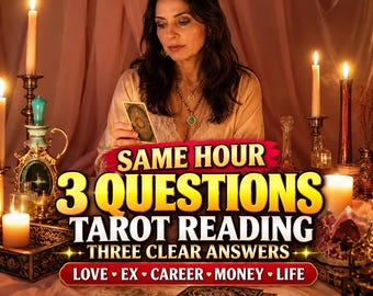 May include: A tarot reading service advertisement featuring the text SAME HOUR 3 QUESTIONS TAROT READING THREE CLEAR ANSWERS LOVE EX CAREER MONEY LIFE. The image displays a person holding a tarot card surrounded by lit candles and crystals.