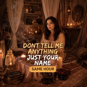 May include: A person in a beige robe sits at a table with tarot cards, candles, and a crystal ball. The text reads: DONT TELL ME ANYTHING JUST YOUR NAME SAME HOUR. The scene is dimly lit with warm golden light, featuring ornate lanterns and books.