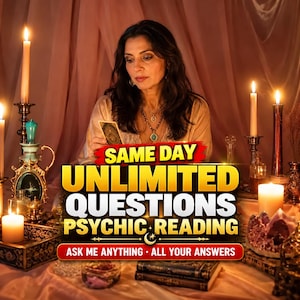May include: A person holding a tarot card surrounded by lit candles, crystals, and books. The text reads: SAME DAY UNLIMITED QUESTIONS PSYCHIC READING ASK ME ANYTHING ALL YOUR ANSWERS. The scene is set against a soft, draped fabric background.