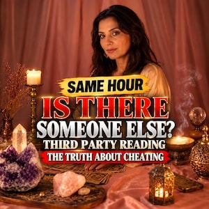 May include: A psychic reading service advertisement featuring text that reads SAME HOUR IS THERE SOMEONE ELSE? THIRD PARTY READING THE TRUTH ABOUT CHEATING. The image includes a person, lit candles, crystals, and tarot cards.