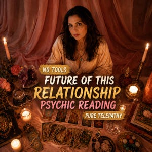 Könnte beinhalten: Eine Person mit dunklem Haar in einem hellen Oberteil sitzt hinter einem Tisch mit Tarotkarten, Kristallen und brennenden Kerzen. Der Text auf dem Bild lautet: NO TOOLS FUTURE OF THIS RELATIONSHIP PSYCHIC READING PURE TELEPATHY.