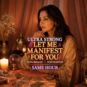 May include: A person with dark hair wearing a gold-toned robe with lace trim, positioned behind a table with tarot cards, a lit candle, and a crystal ball. Text reads: ULTRA STRONG LET ME MANIFEST FOR YOU EXTRA DETAILED PURE TELEPATHY SAME HOUR.