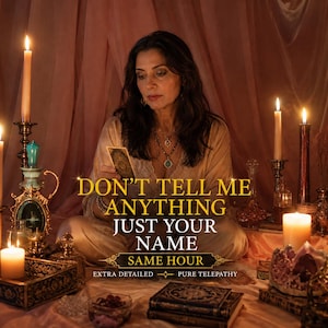 May include: A person in a beige robe holding a tarot card, surrounded by lit candles, books, and crystals. The text reads: DON'T TELL ME ANYTHING JUST YOUR NAME SAME HOUR EXTRA DETAILED PURE TELEPATHY. The scene is set against a draped peach fabric.